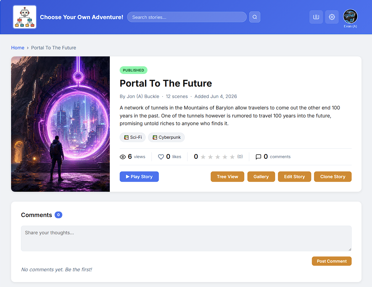 A story summary page showing cover image, stats, description, and comments